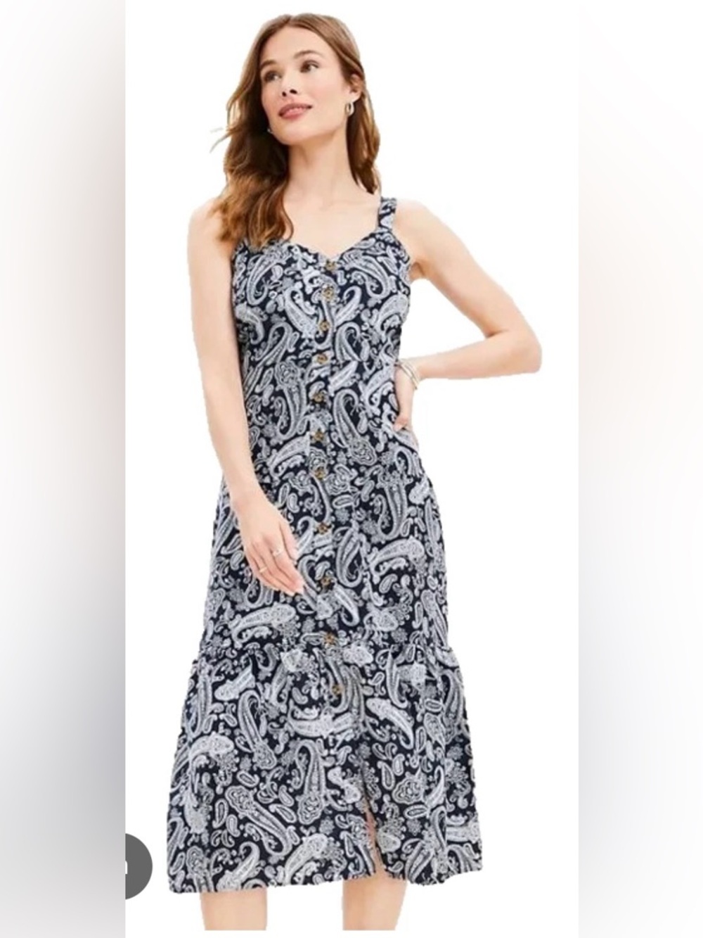 LOFT Sleeveless Navy Blue & White Paisley Button-Front Midi Dress. Size 14